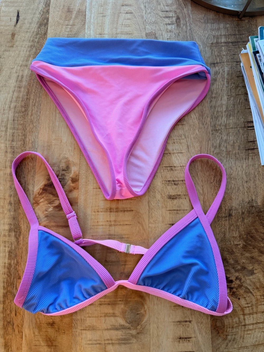 Beach Riot Pink and Blue Ribbed Triangle Bikini Set